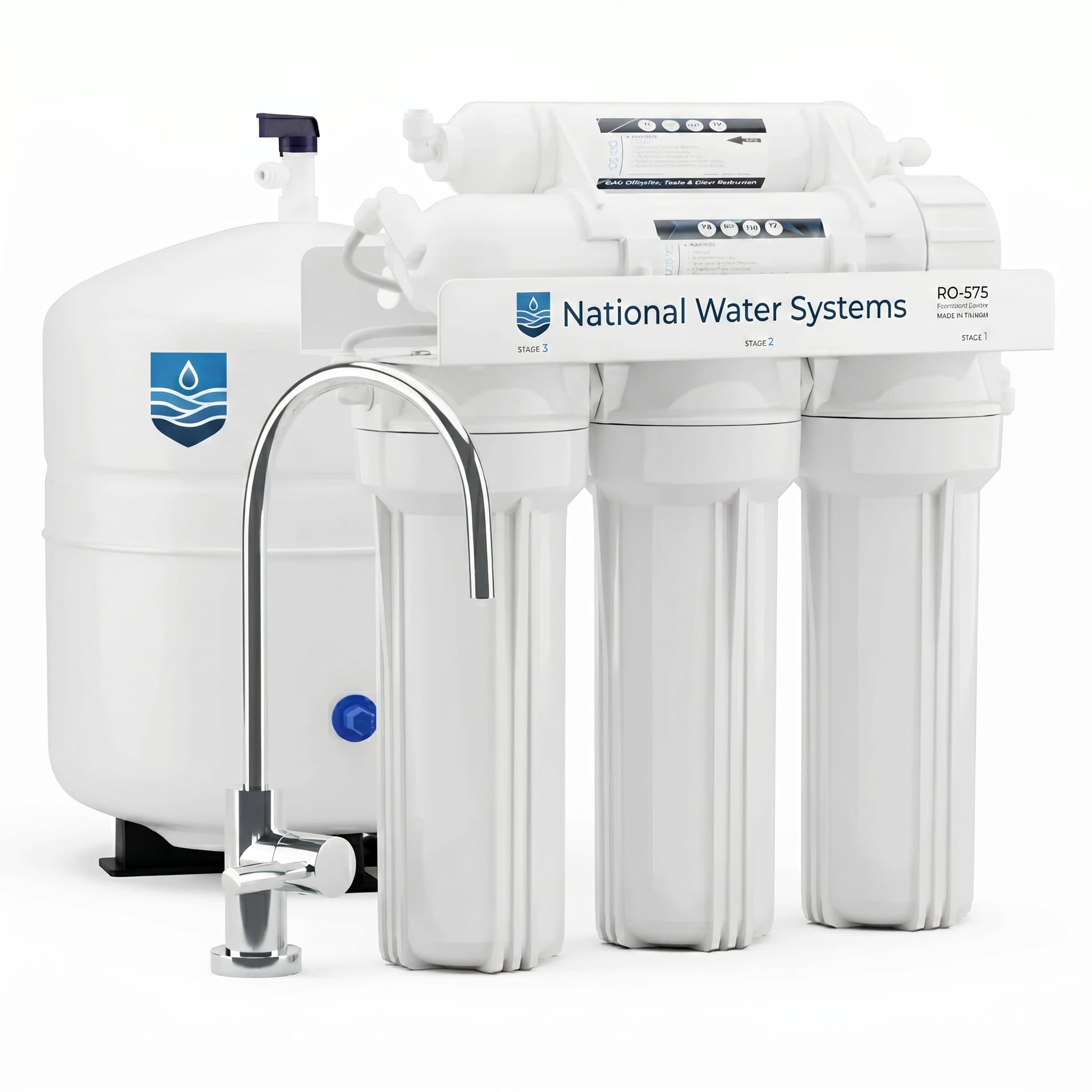 NWS reverse osmosis system showing storage tank, three pre-filter housings, RO membrane, and dedicated faucet