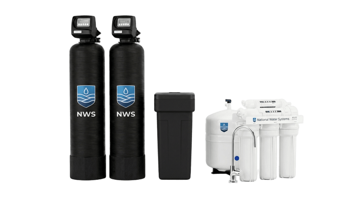National Water Systems Premier Plus package: dual matte black Carbtrex filter tanks, salt brine softener, and 5-stage reverse osmosis