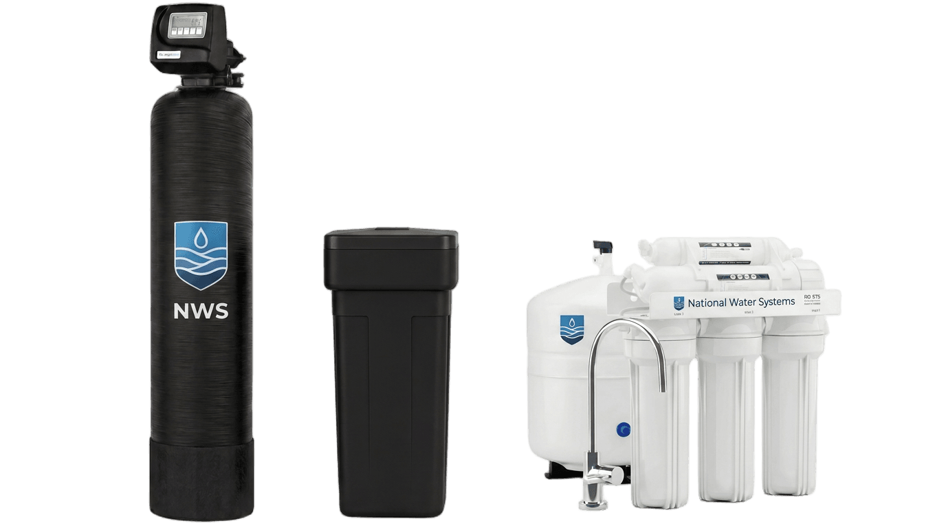 National Water Systems Premier package: matte black Carbtrex filter tank, salt brine softener tank, and 5-stage reverse osmosis drinking system